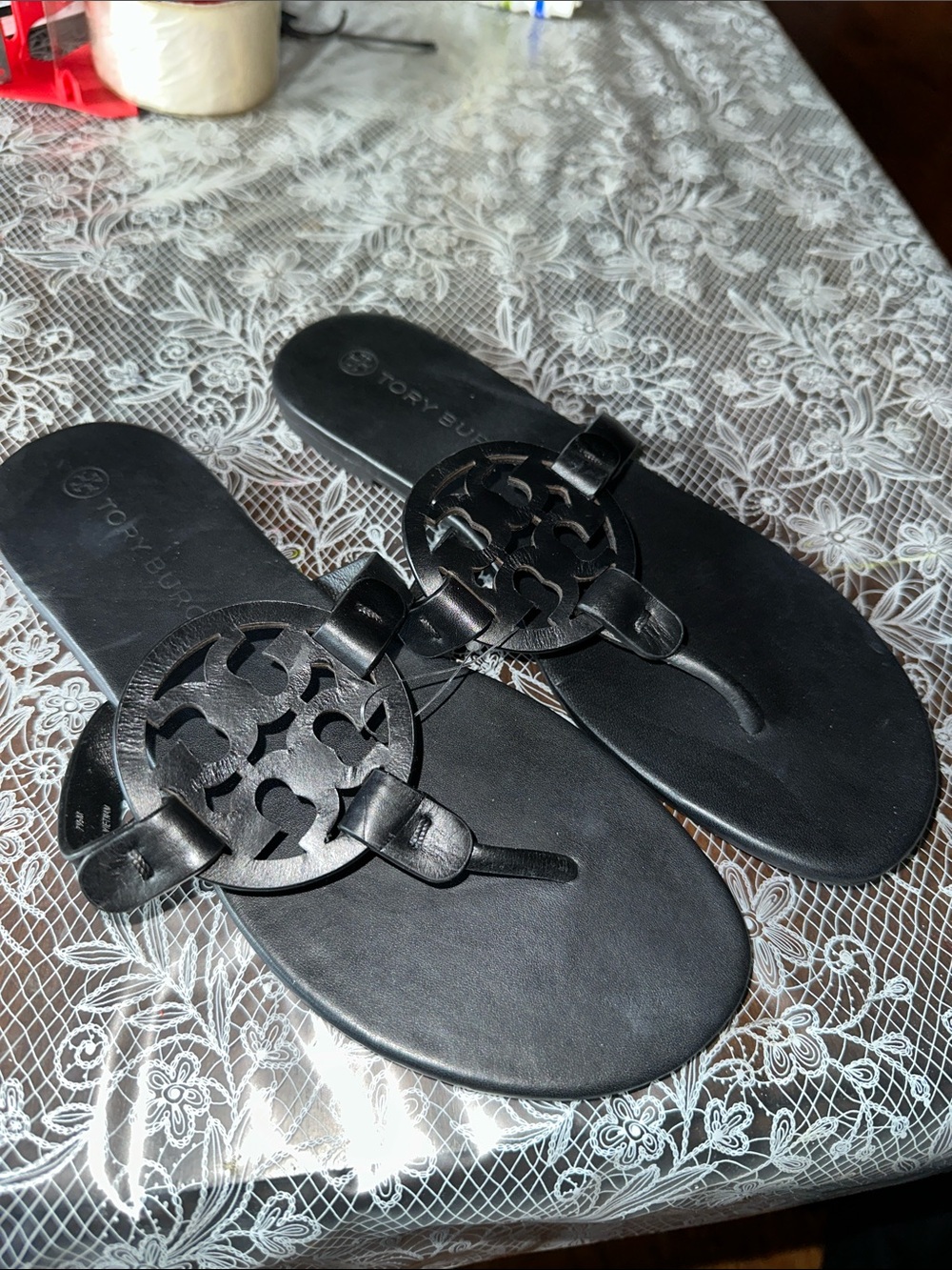Tory Burch Black Leather Logo Thong Sandals